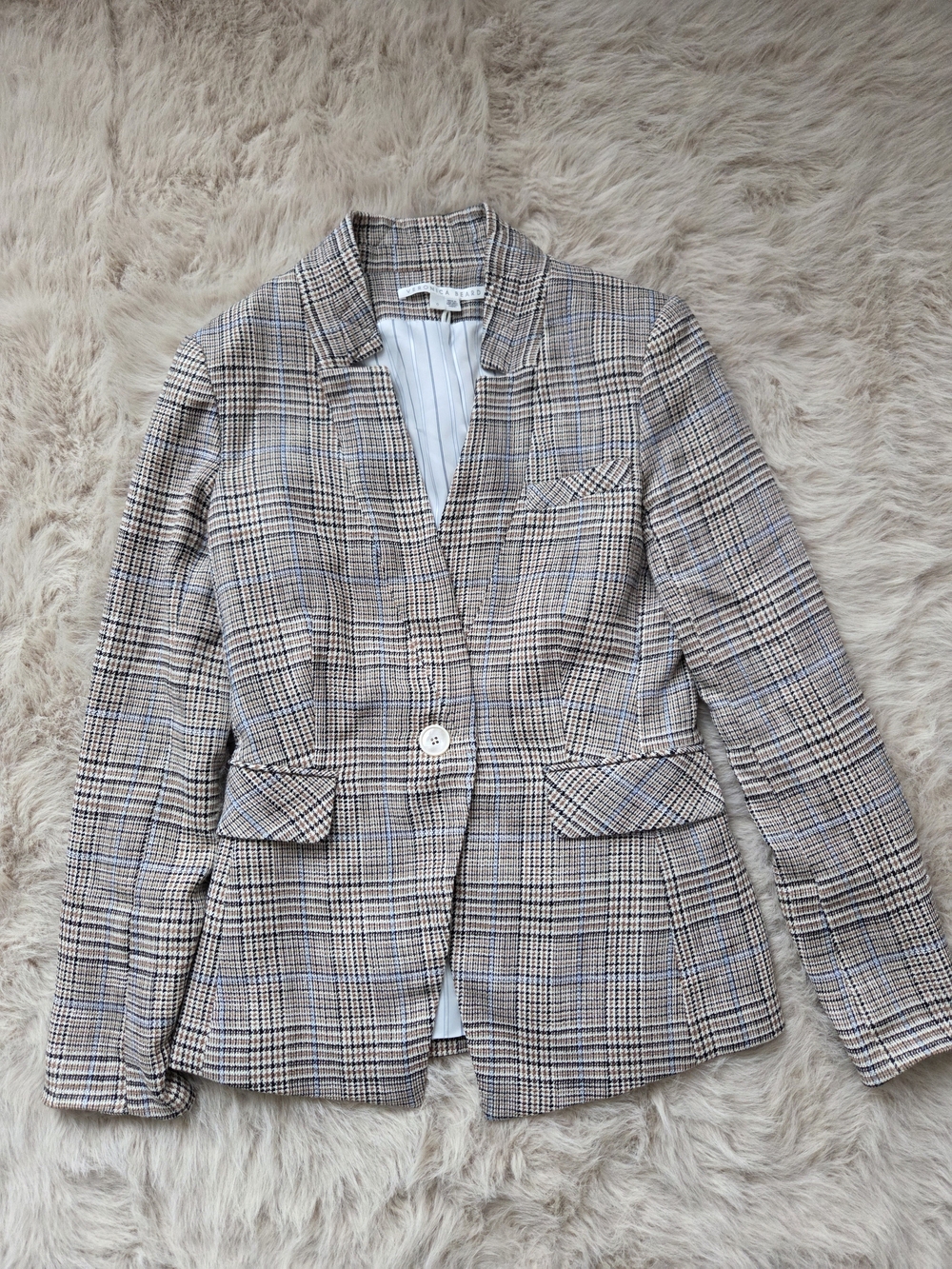 Veronica Beard Beige Plaid Single-Button Blazer with Blue Accents
